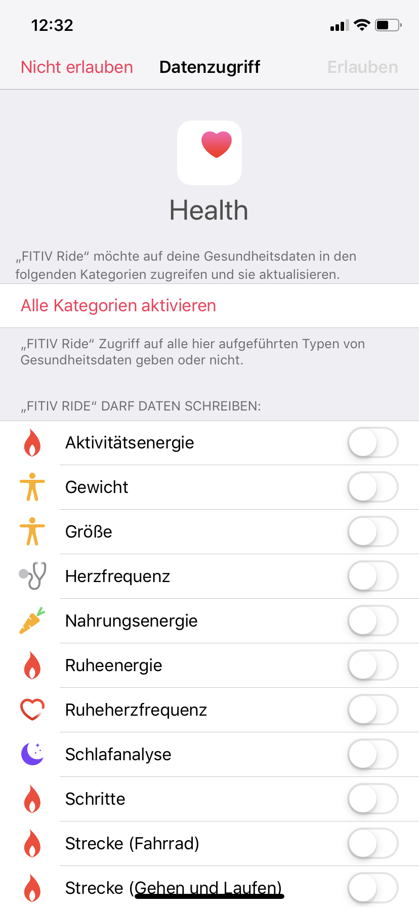 Verbindung der App FITIV Ride mit der Health App von Apple