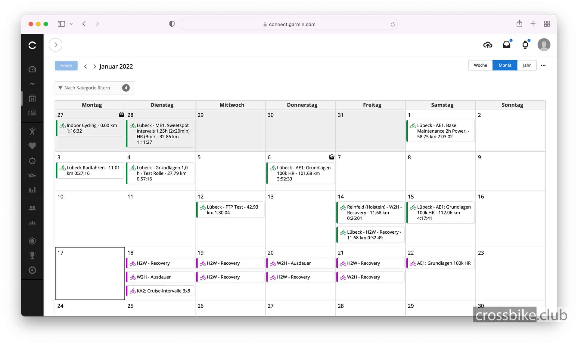 Kalenderfunktion in Garmin Connect
